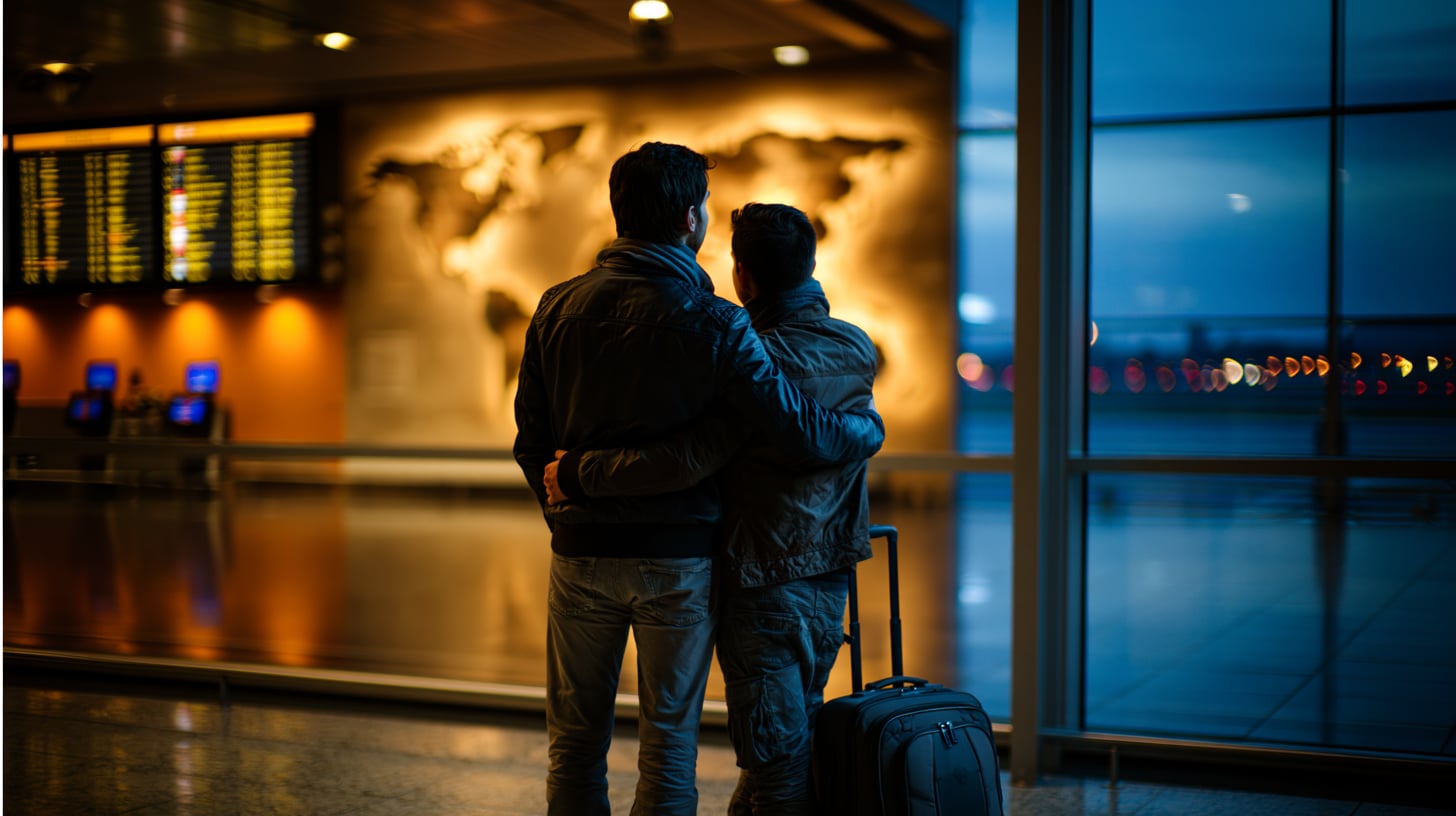 Dos hombres de espaldas ante el ventanal de un aeropuerto al anochecer, con un panel de destinos iluminado al fondo
