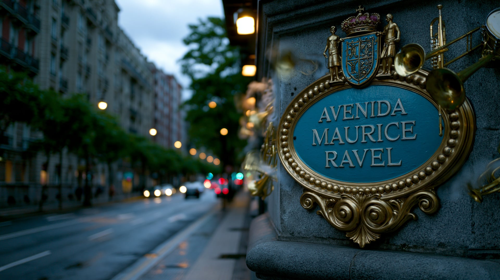 Placa de calle esmaltada con el nombre 'Maurice Ravel' en una esquina de Bilbao, de la que emergen instrumentos de orquesta traslúcidos al atardecer