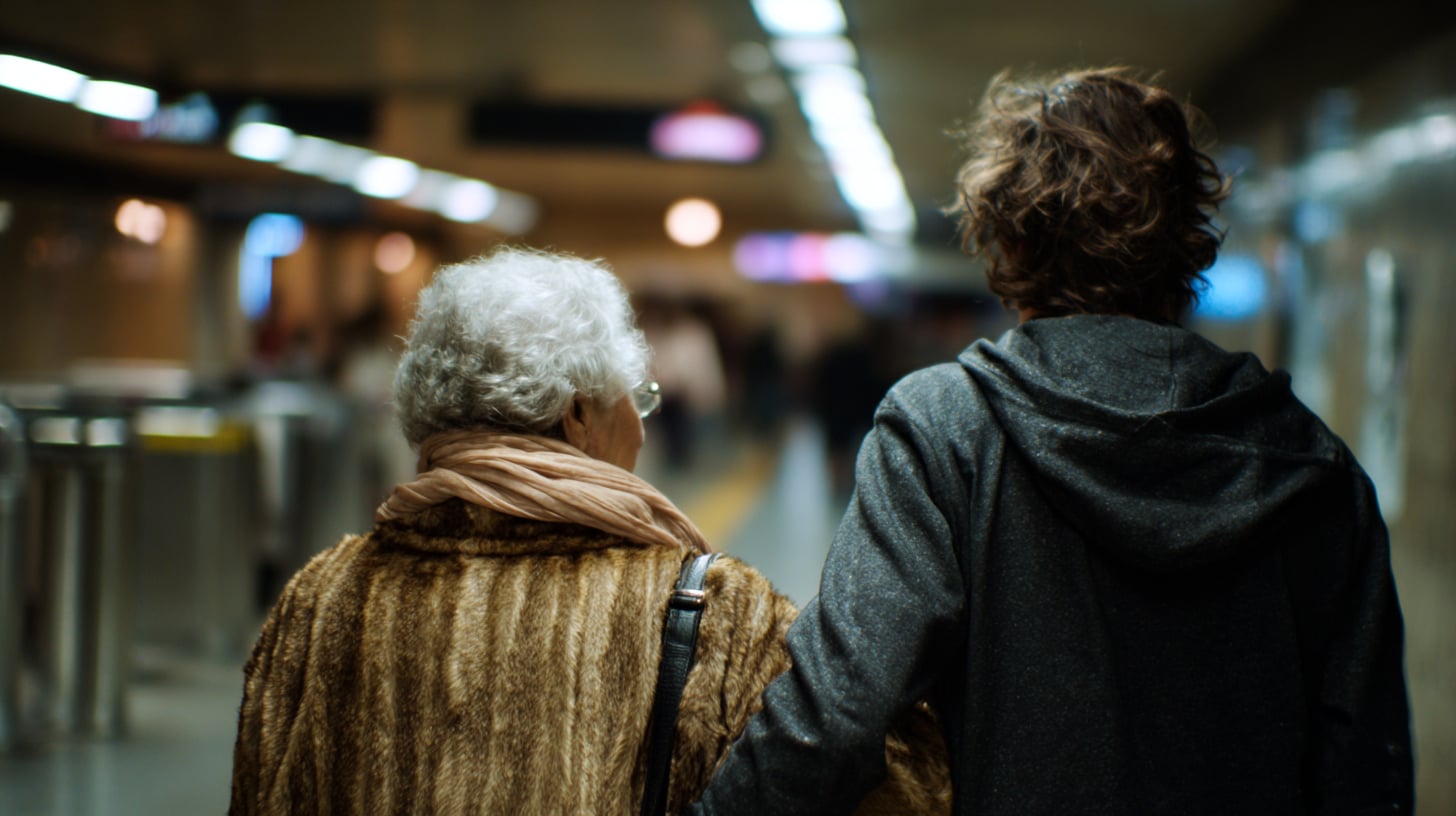 Dos personas vistas de espaldas, una de ellas mayor, caminando agarradas del brazo por un pasillo de metro, luz cálida al fondo del túnel contrastando con la luz fría de la estación, tornos desenfocados al fondo