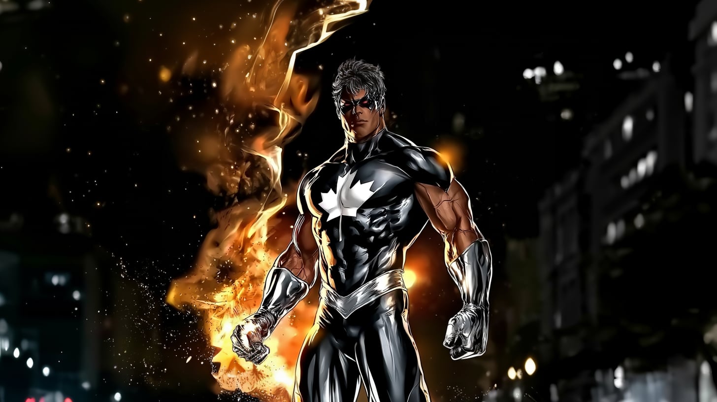 Superheroe con un traje blanco y negro y el símbolo de la bandera de Canadá