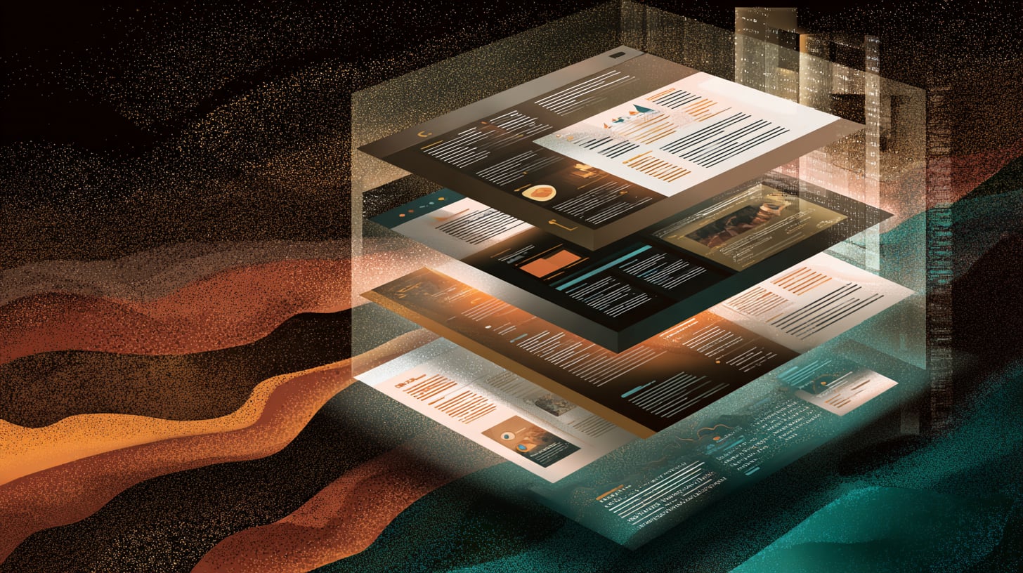 Capas de pantallas luminosas apiladas mostrando distintas eras del diseño web, estética retrofuturista sobre fondo oscuro con textura
