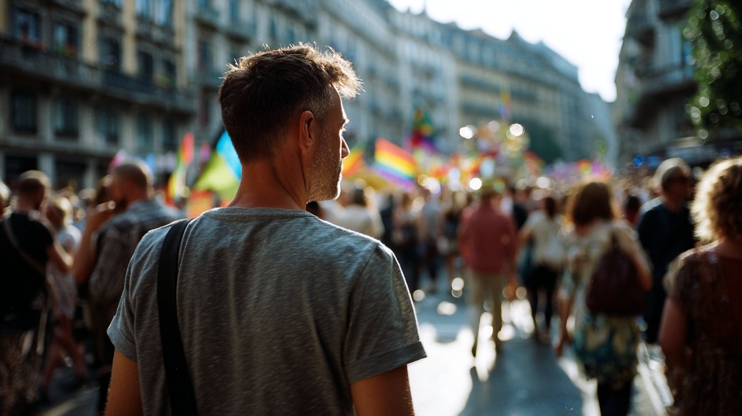 Un hombre camina solo por las calles de Bilbao al atardecer, con una larga sombra proyectada sobre los adoquines