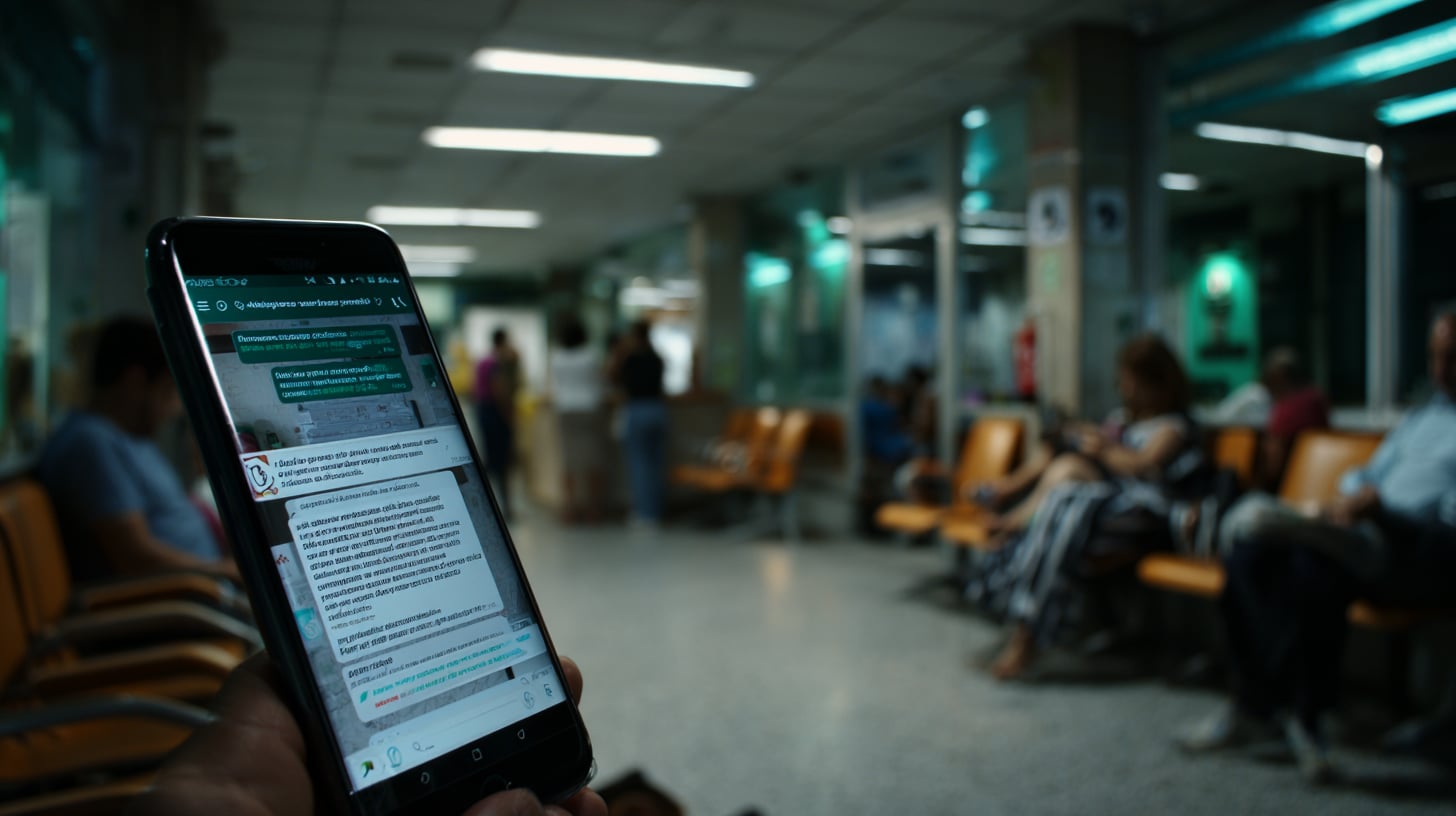 Pantalla de smartphone mostrando la interfaz de WhatsApp con iconografía médica y el logotipo de Osakidetza integrados en una escena clínica futurista, fotografía realista con iluminación fría
