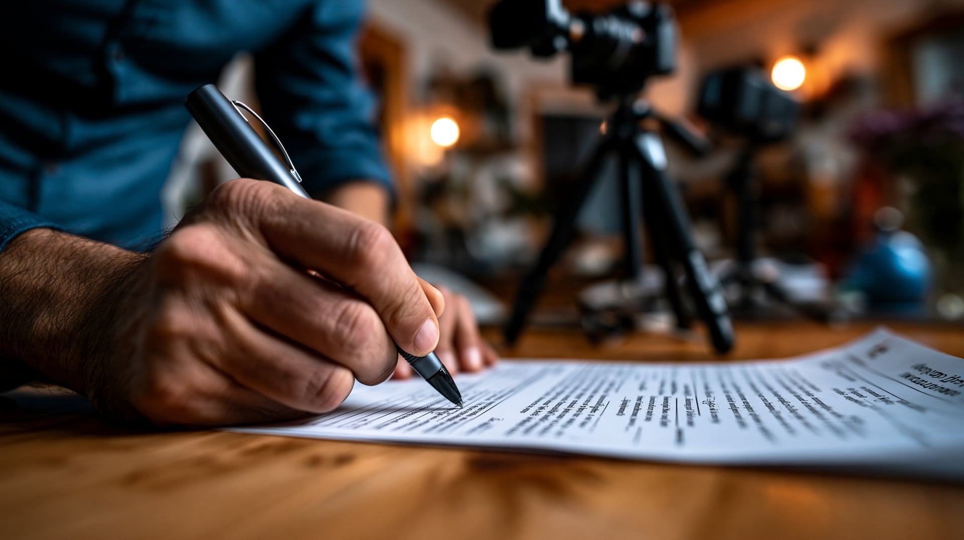 Una mano rellenando un formulario de papel sobre una mesa mientras, al fondo y fuera de foco, una cámara fotografía cada palabra que se escribe.