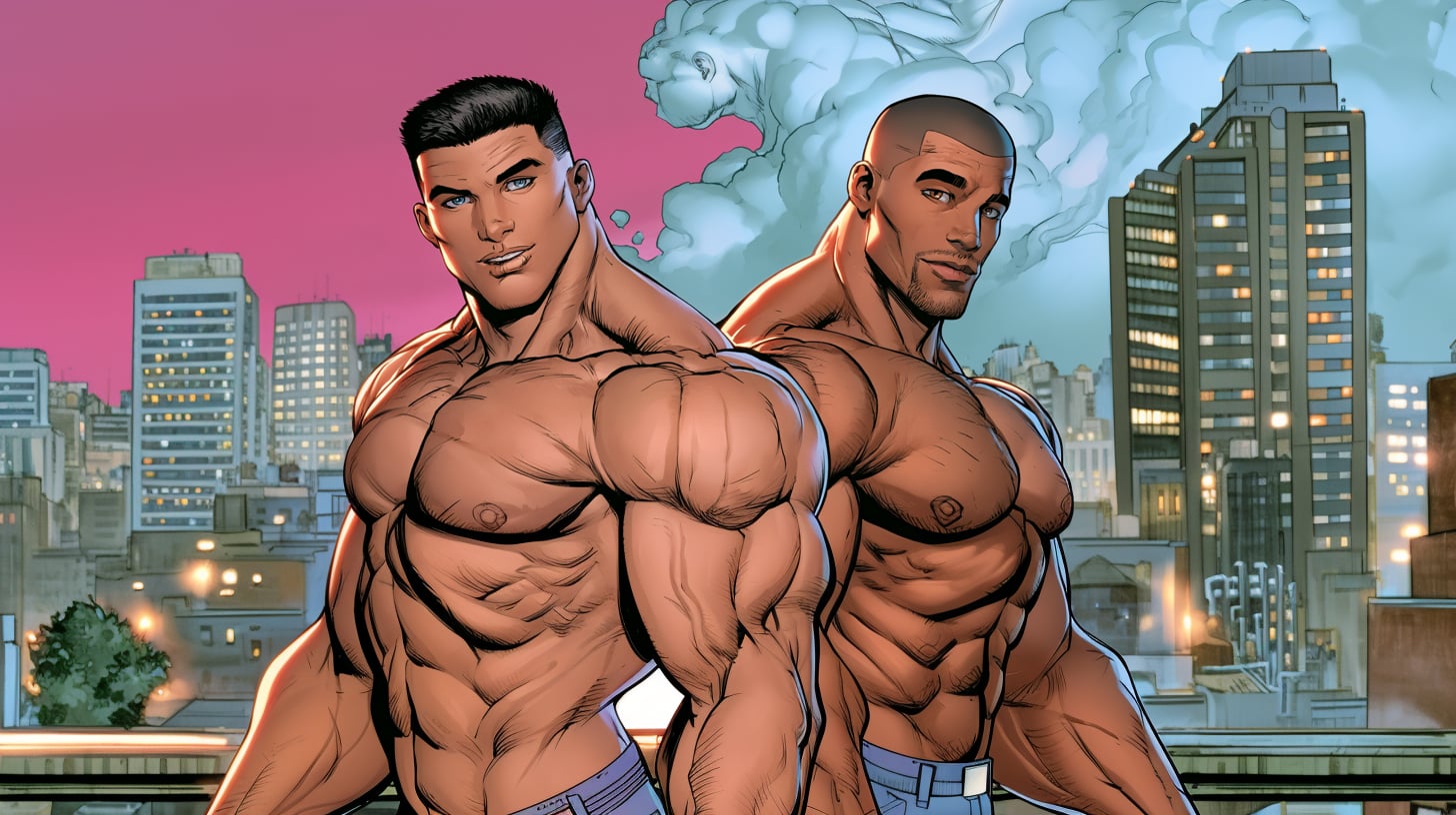 Ilustración de un superhéroe musculado recortado contra un cielo de colores saturados, estética de cómic erótico norteamericano de los años dos mil