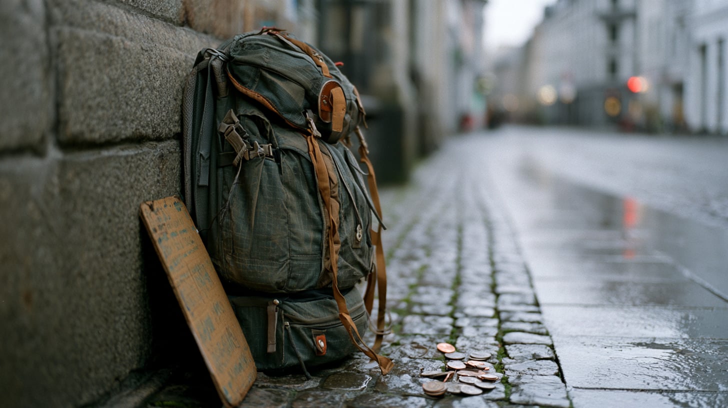 Un cartón escrito a mano apoyado contra una mochila grande en una acera empedrada de una ciudad europea