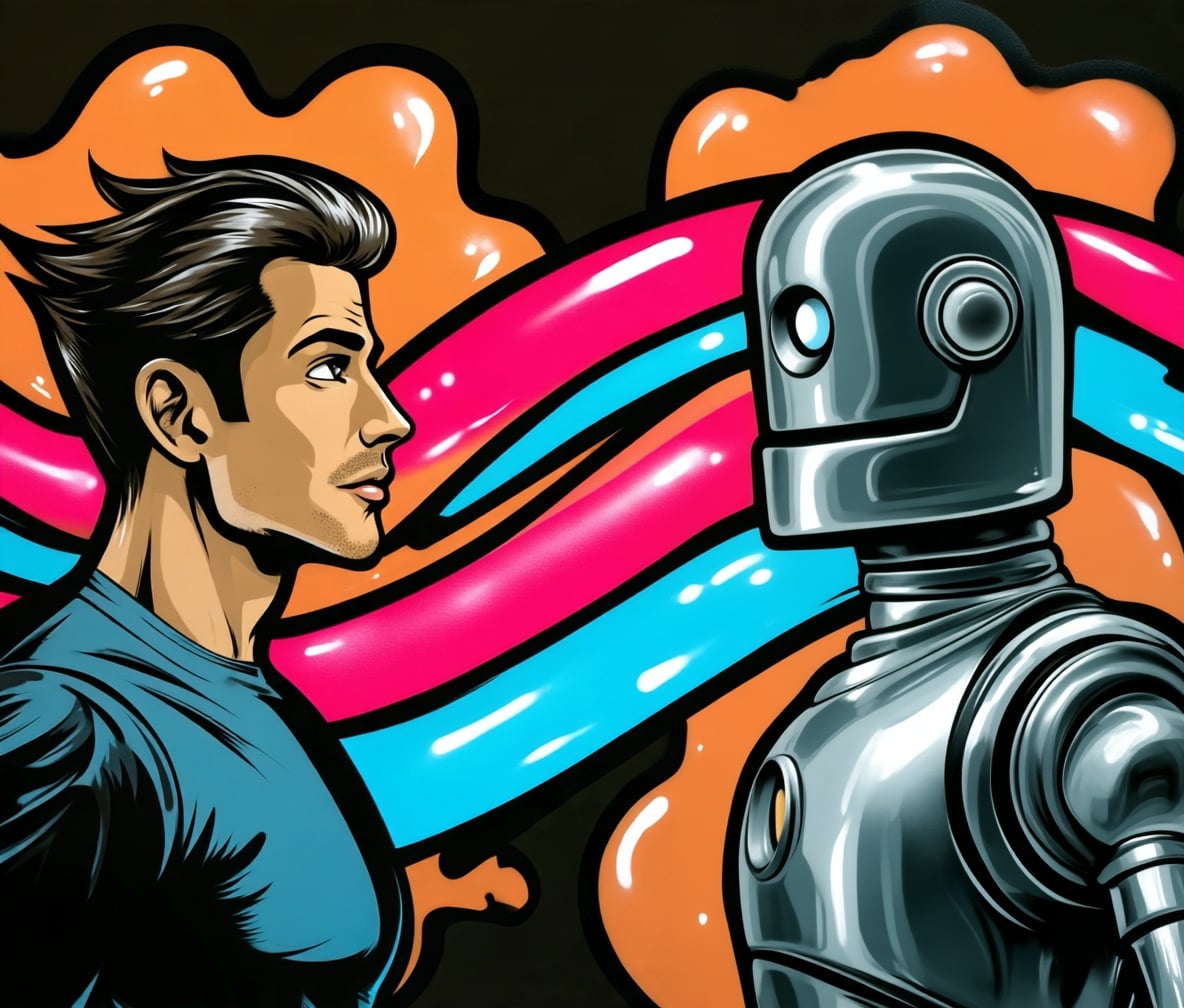 Propuesta de diseño para el mural de la persiana: un hombre de perfil frente a un robot cromado, con cintas rosas y azules y manchas naranjas sobre fondo oscuro