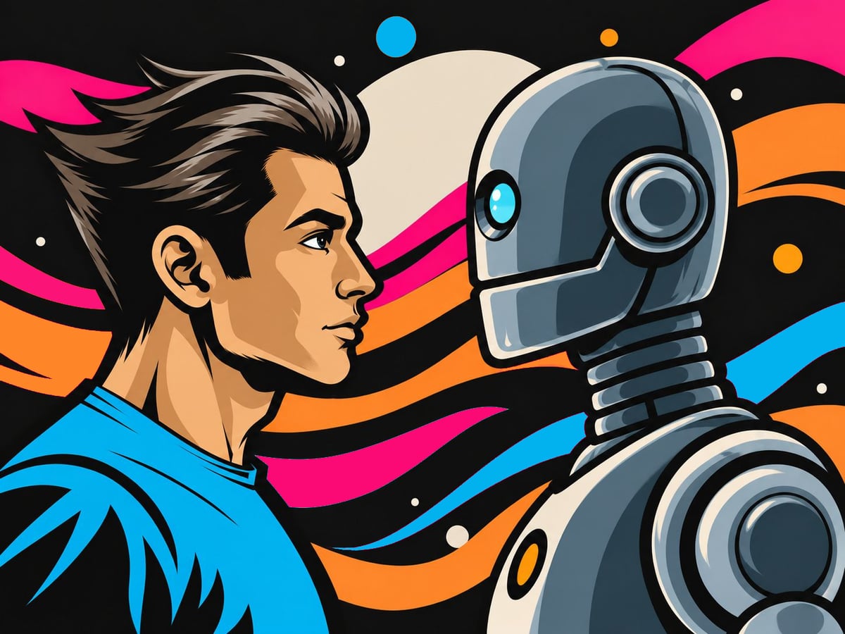 Boceto de Okiman para el mural de la persiana: hombre de perfil frente a un robot gris mate, con ondas rosas, naranjas y azules y un disco claro entre ambos