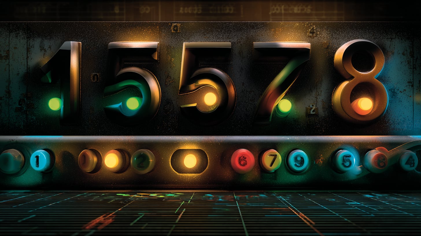 Panel horizontal con cinco cifras iluminadas y puntos de colores debajo indicando aciertos, estilo pantalla de código retro sobre fondo oscuro