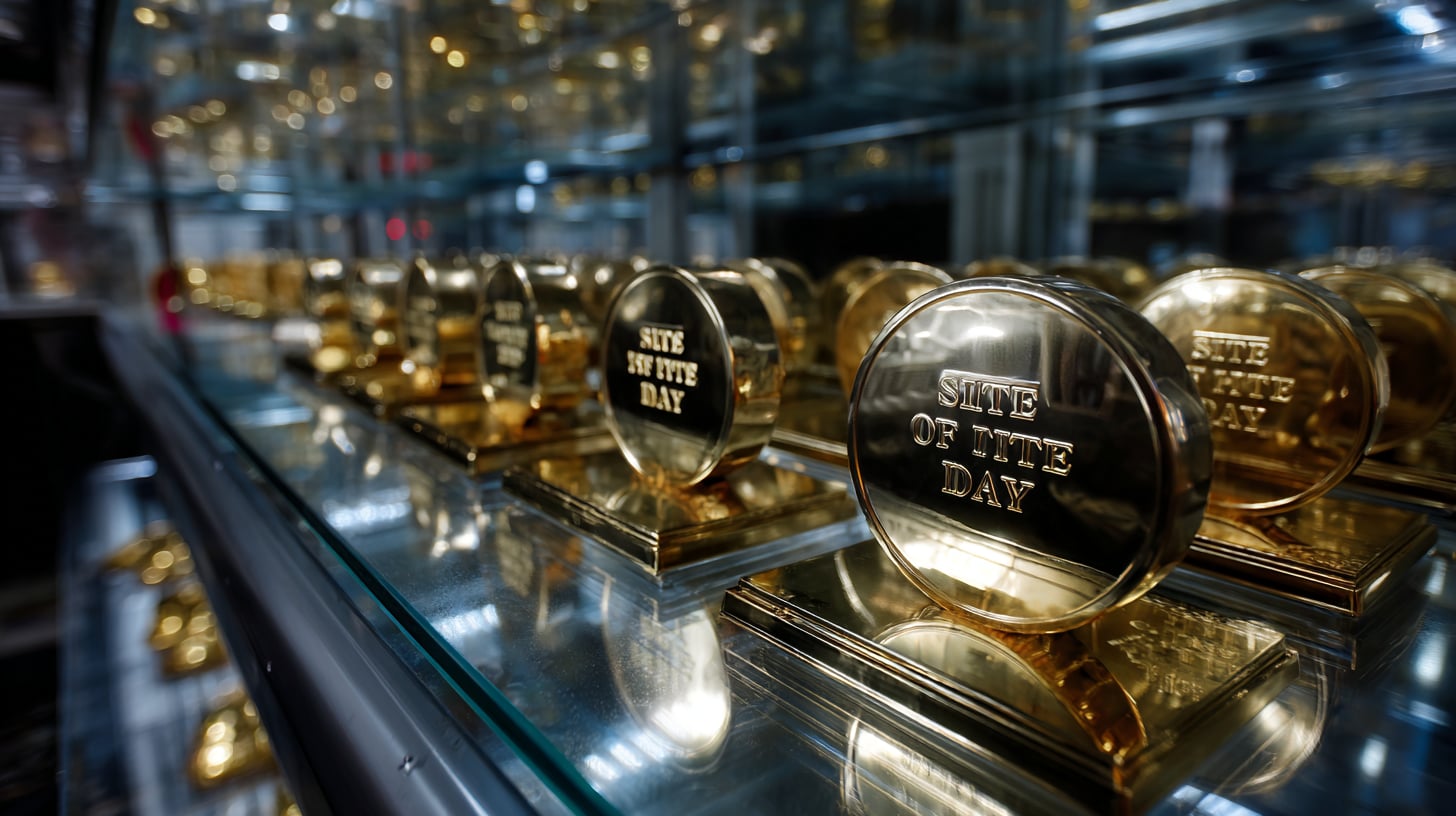 Vitrina llena de filas de insignias doradas idénticas con la etiqueta Site of the Day, dispuestas como mercancía de lujo en una tienda de alta gama, iluminación clínica blanca, reflejos de cristal