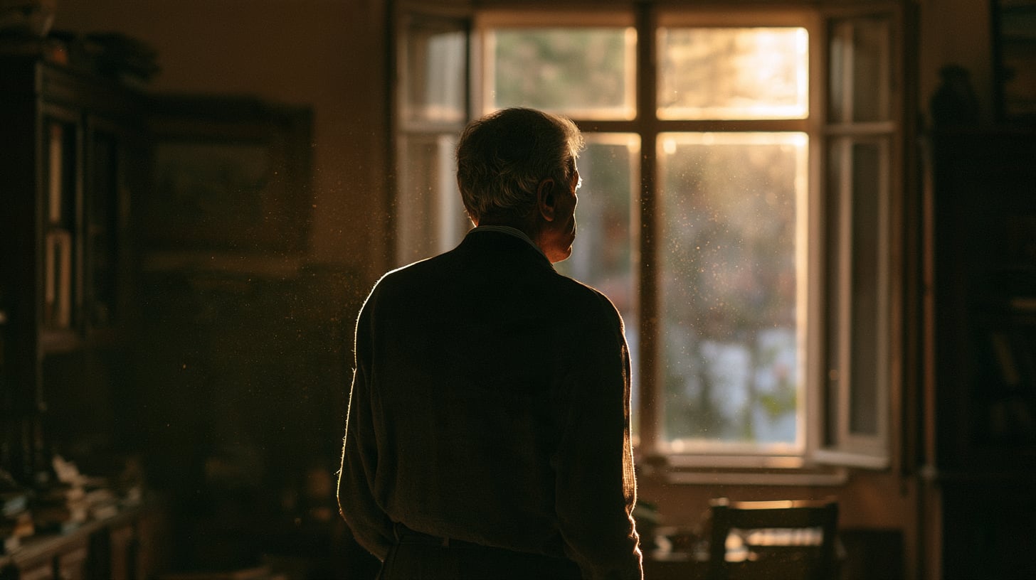 Anciano visto de espaldas, de pie y solo en una habitación en penumbra, frente a una ventana con luz cálida de tarde entrando, atmósfera silenciosa y melancólica