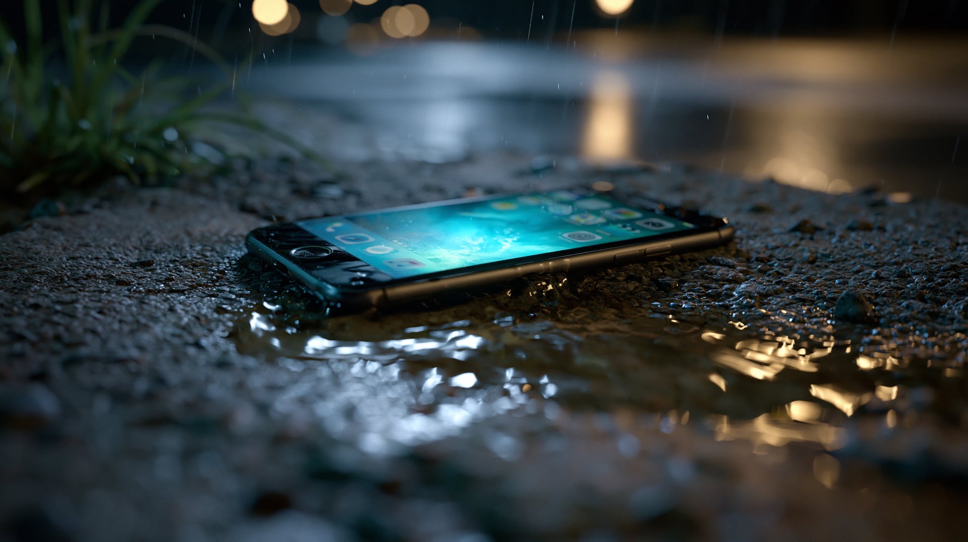 Un smartphone con la pantalla encendida sobre una superficie de hormigón en penumbra, reflejando luz azul fría