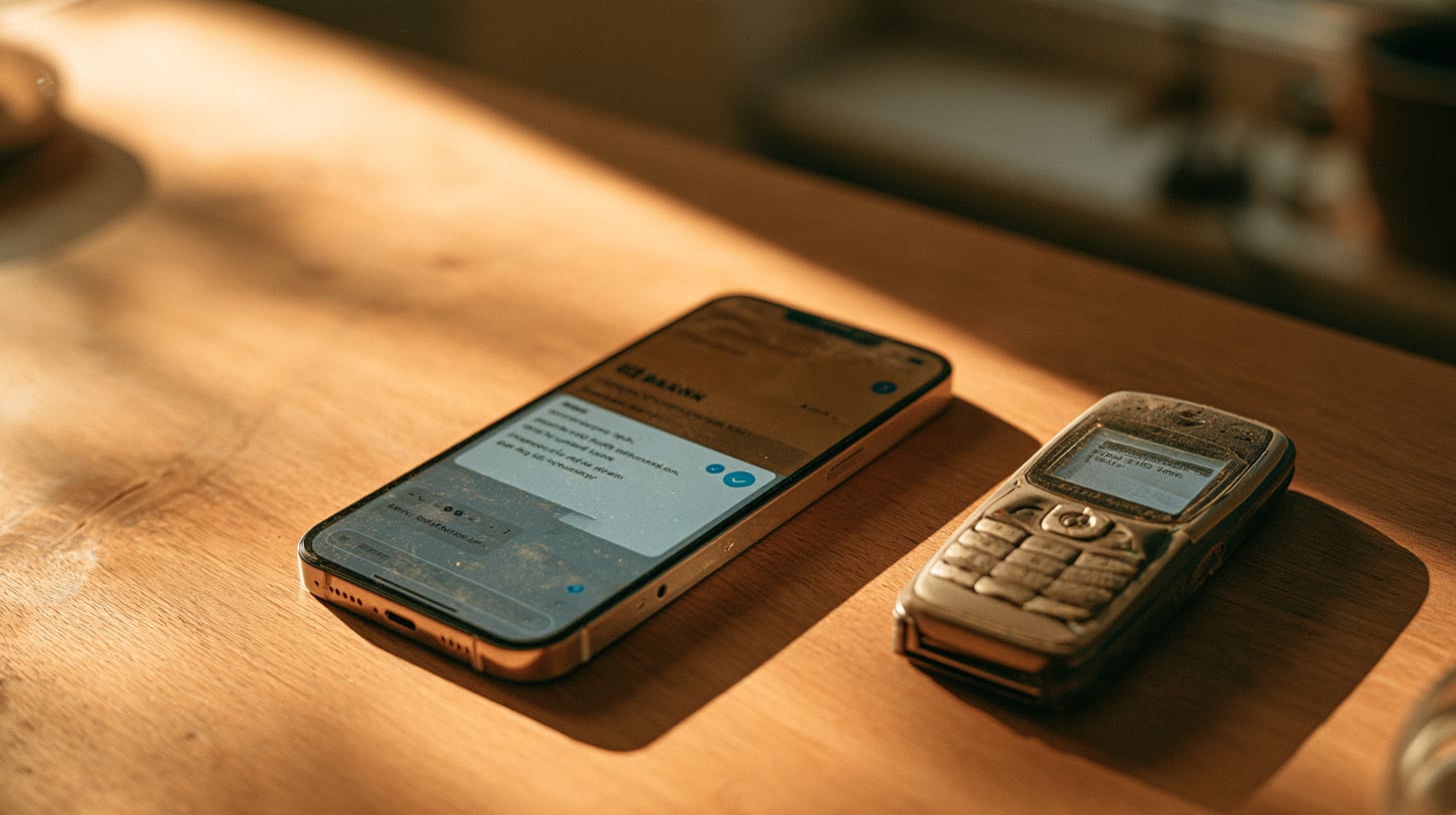Teléfono móvil sobre una mesa mostrando la app de mensajes con un mensaje de un banco con logotipo y una insignia azul de verificación junto al nombre del remitente