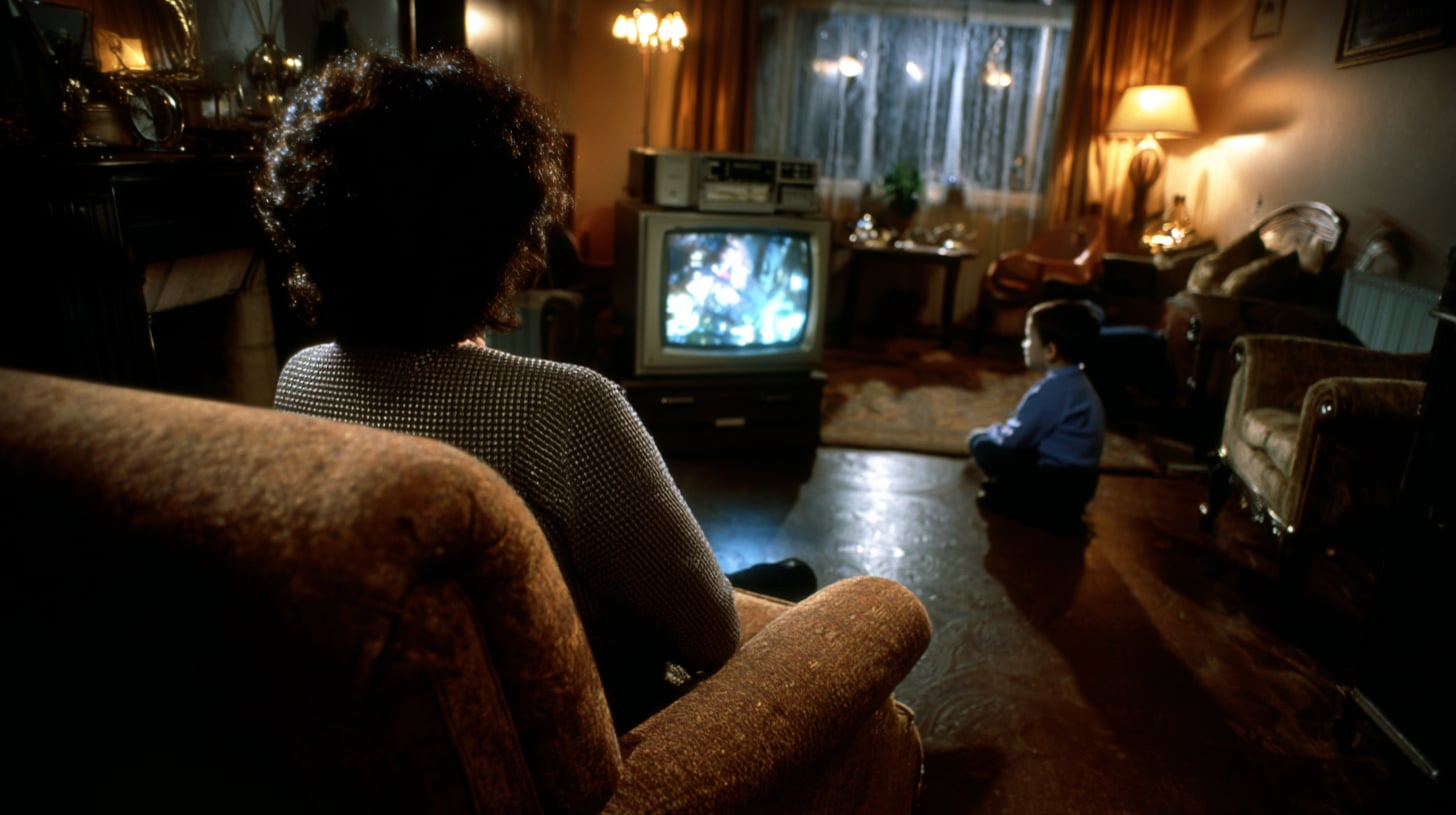 Salón familiar de los años ochenta con un televisor antiguo encendido, luz tenue, y la silueta de un niño sentado en penumbra frente a la pantalla