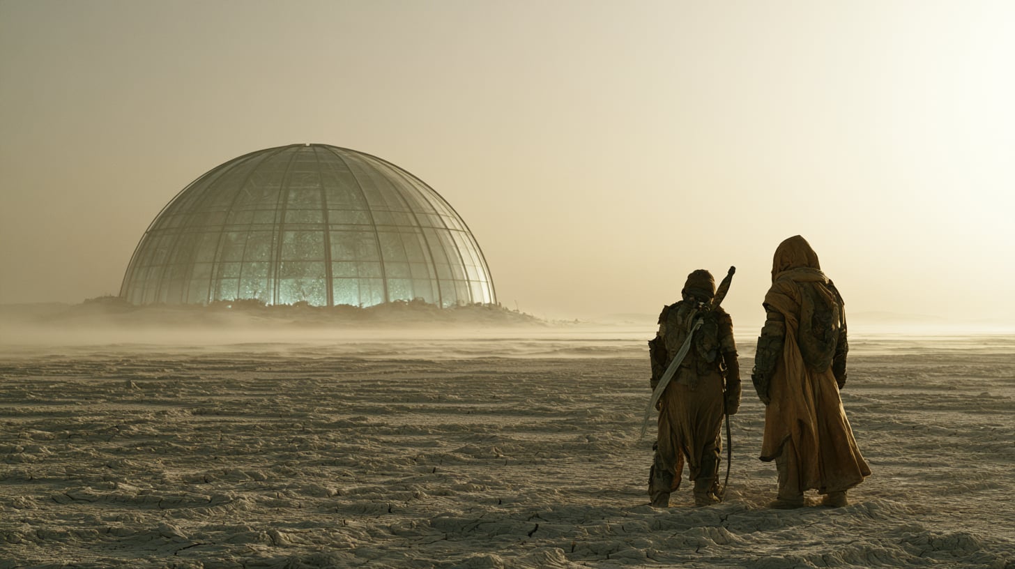 Llanura desértica agrietada bajo un cielo ocre, con una cúpula de cultivo iluminada en verde al fondo y dos figuras armadas observándola de espaldas