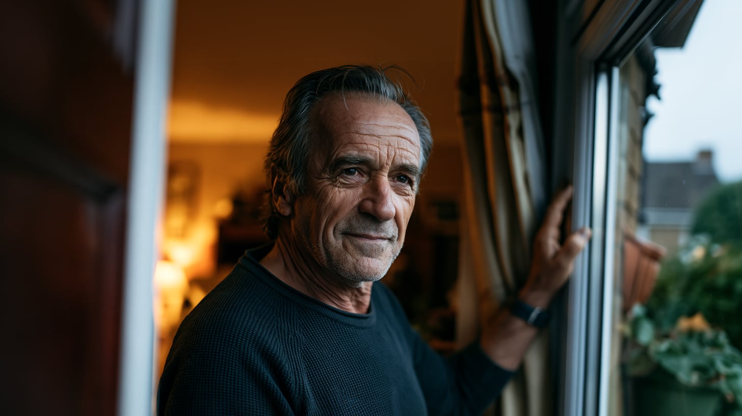 Una persona de unos sesenta años de pie en el umbral de una puerta abierta, iluminada por una luz cálida que entra desde dentro, con expresión serena y esperanzada.
