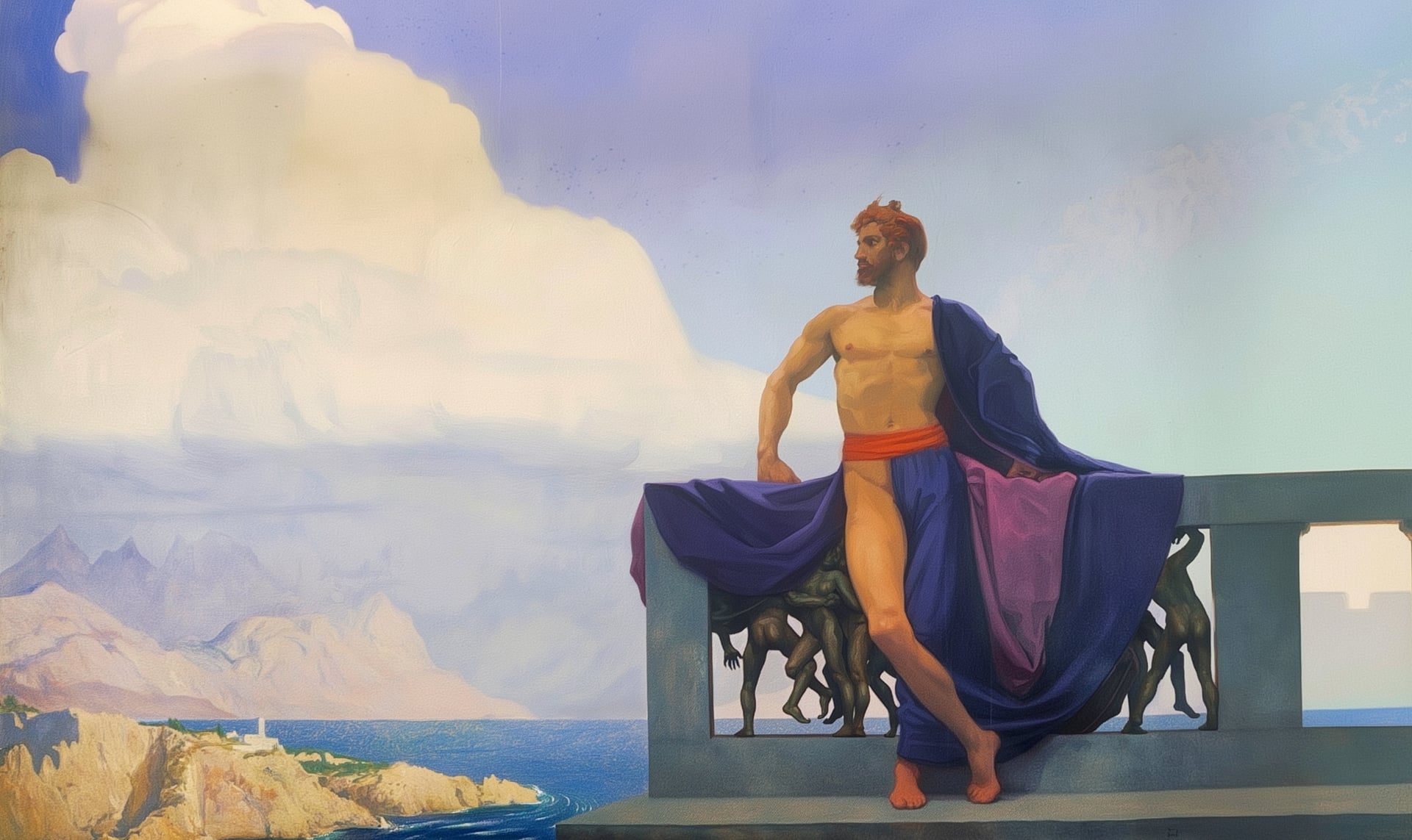 Pintura de un hombre musculoso con manto azul y faja roja, de pie en una terraza de piedra sobre una costa mediterránea, con montañas, un faro y un cielo de nubes altas al fondo