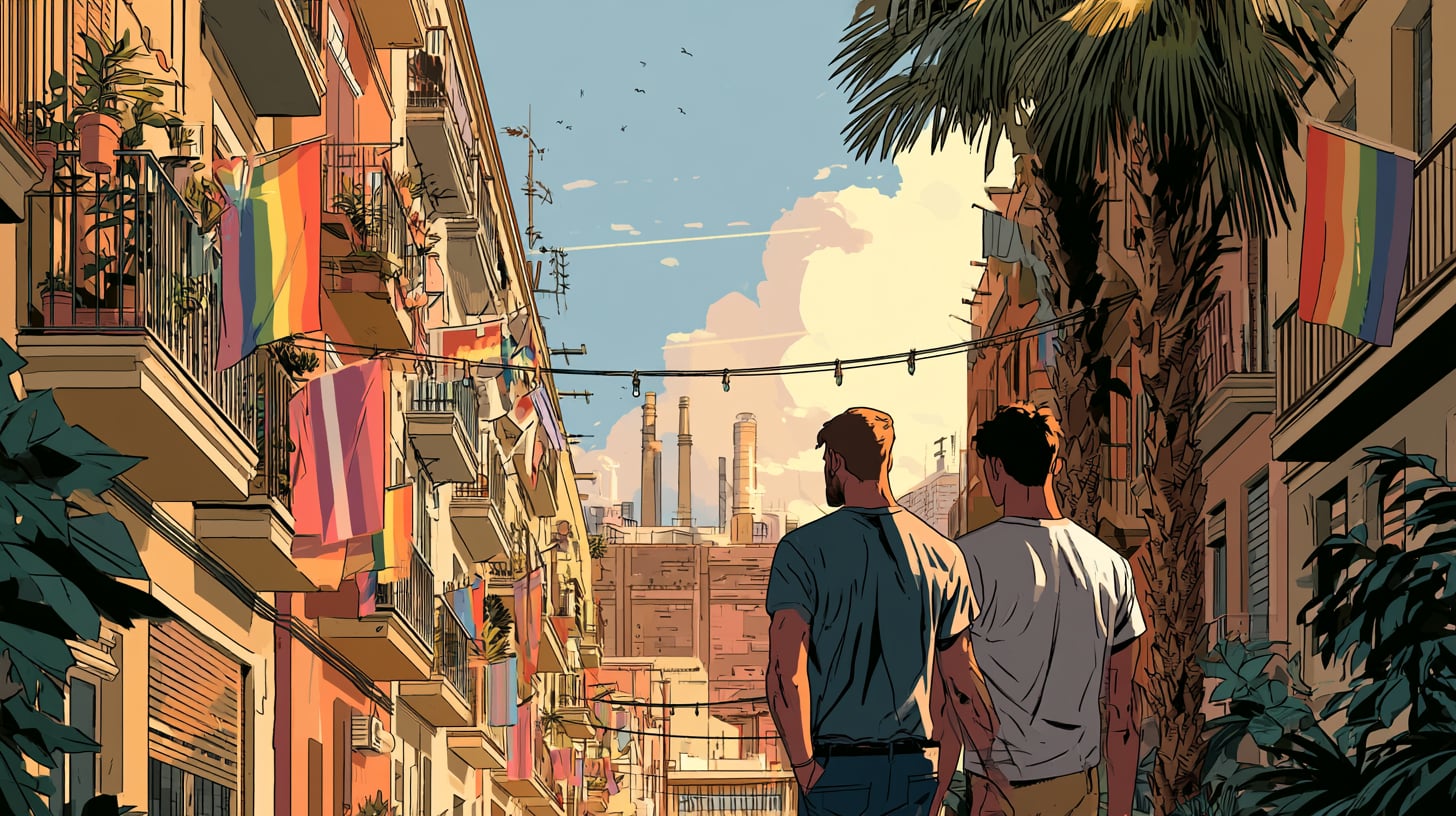 Ilustración de dos hombres paseando entre banderas arcoíris en una calle de Barcelona, luz cálida de tarde, estilo cómic europeo de línea clara