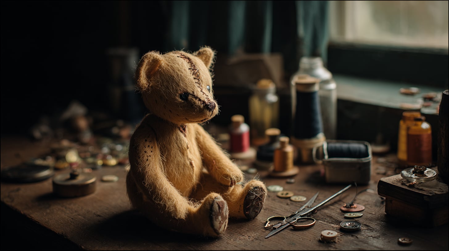 Oso de peluche de color miel sentado sobre la mesa de un taller de costura, rodeado de botones esparcidos, hilo y unas tijeras pequeñas. Le falta un ojo. Luz cálida y lateral, fotografía de detalle con fondo en penumbra.