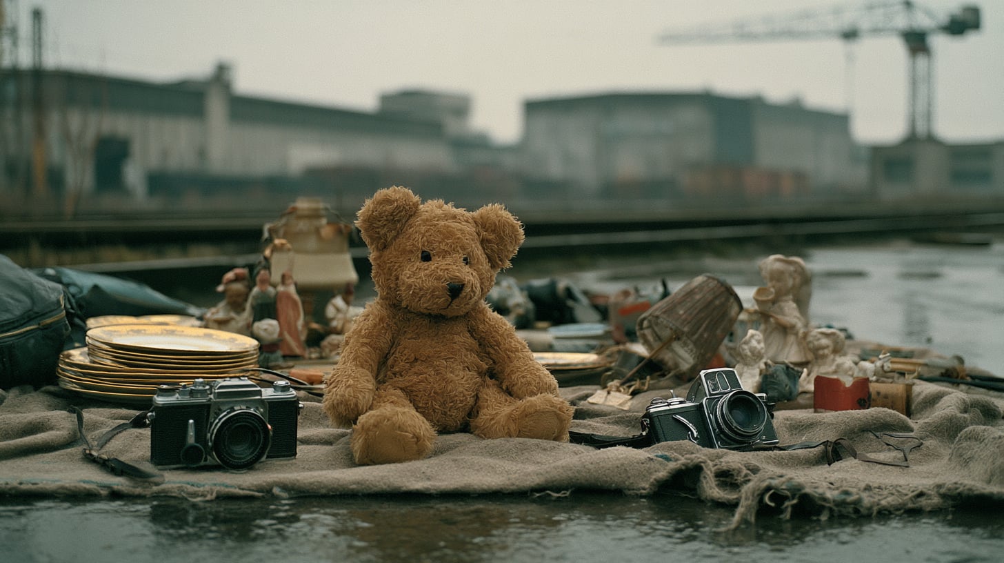 Puesto de rastro callejero al aire libre: una manta extendida en el suelo con objetos de segunda mano —cámaras antiguas, vajilla, figuritas de porcelana y un peluche— en una mañana gris de invierno. Fotografía documental.