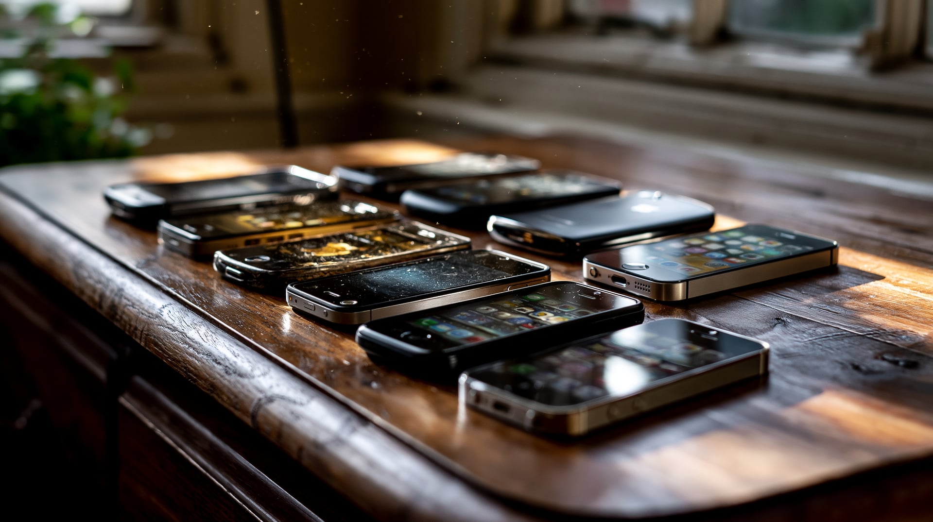 Varias generaciones de smartphones alineadas sobre una mesa de madera, todas prácticamente idénticas salvo un modelo ligeramente curvado que rompe la fila