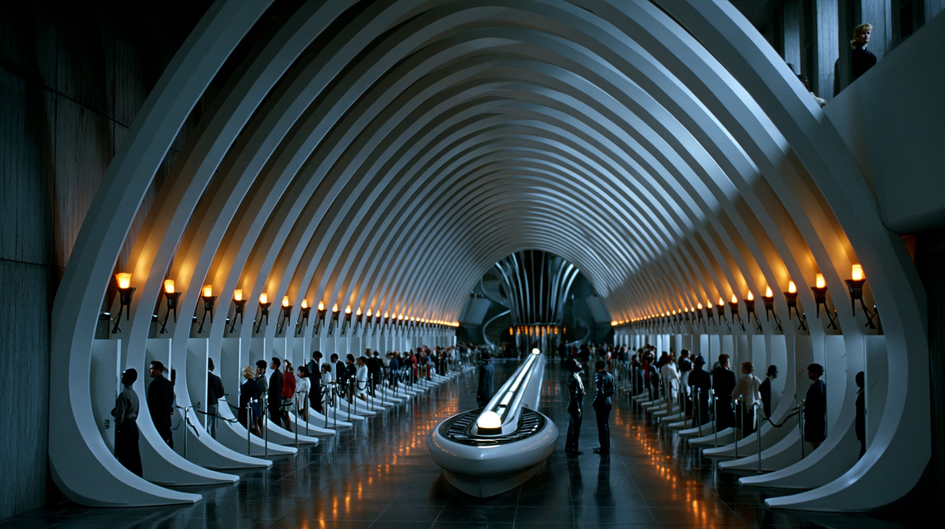 Atrio blanco de estética retrofuturista en el que filas de puertas idénticas conducen a un único terminal iluminado en el centro, con pequeñas figuras humanas haciendo cola de forma ordenada