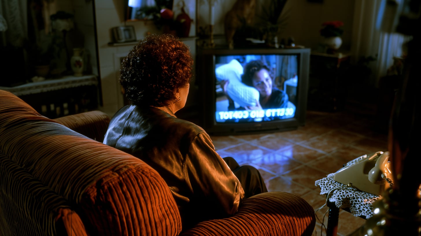 Salón español de finales de los ochenta iluminado por la luz de un televisor de tubo que emite un anuncio de teletienda de una almohada cervical