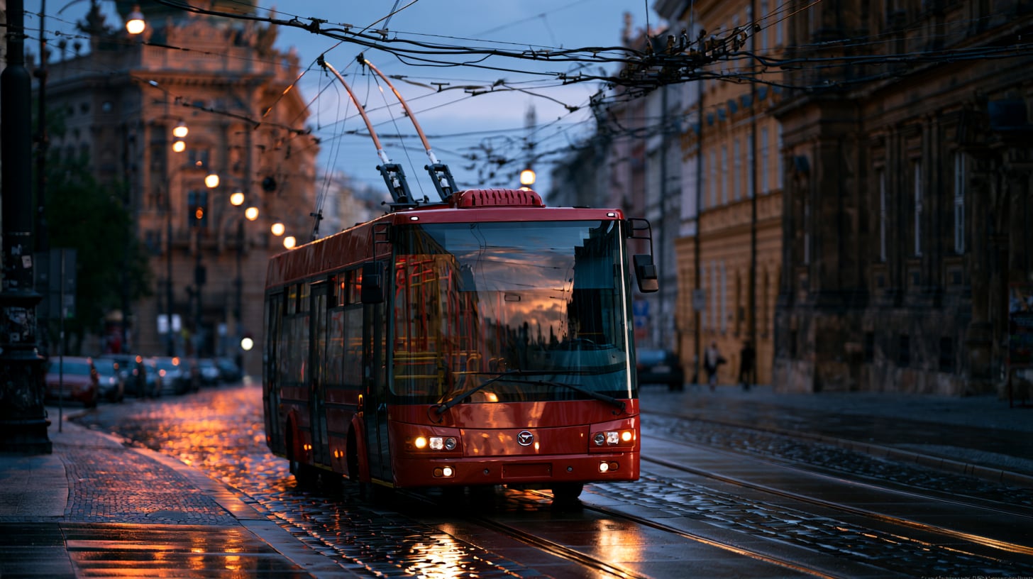 Trolebús rojo circulando por una calle del casco antiguo bajo una maraña de cables eléctricos al atardecer