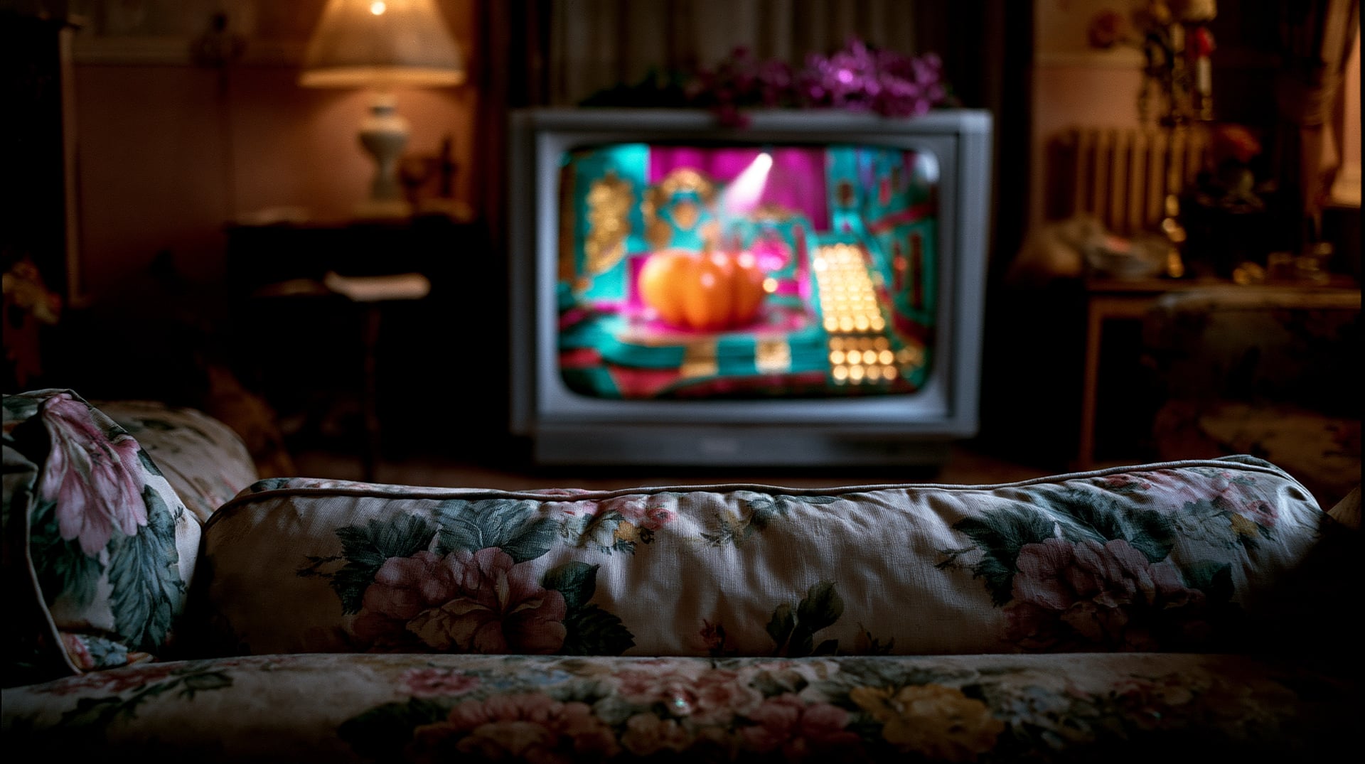 Salón oscuro de los años ochenta frente a un televisor de tubo cuya pantalla muestra un plató de concurso lleno de color, con una calabaza gigante bajo un foco