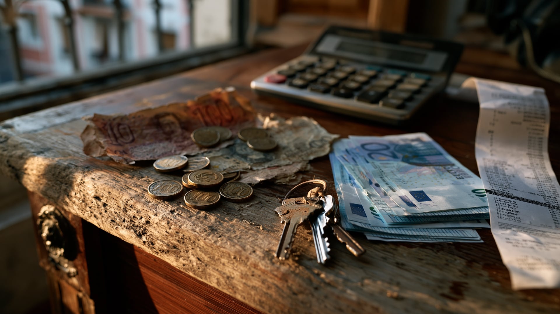 Billetes antiguos de pesetas y monedas junto a euros y unas llaves de casa sobre una mesa de cocina