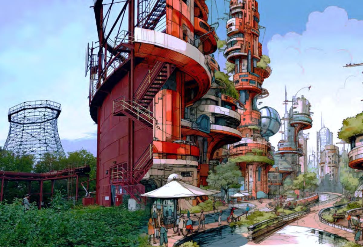 Composición de la mina de carbón de Zollverein en Essen transformandose en una ciudad futurista