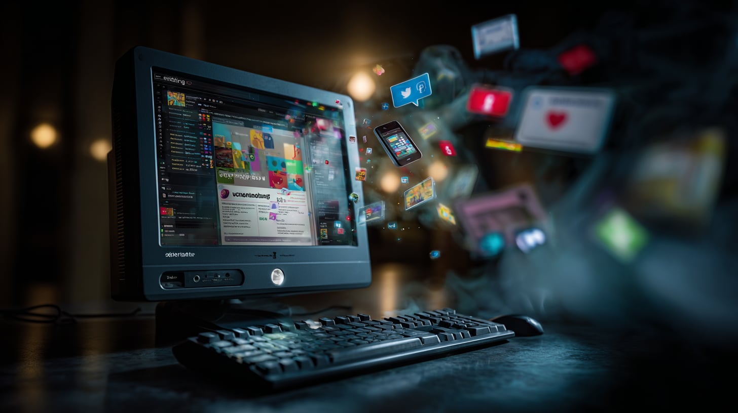 Ordenador de escritorio vintage encendido en una habitación oscura, mostrando una página web de los primeros 2000, con notificaciones de apps modernas flotando alrededor